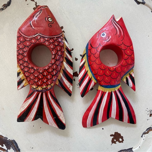 Set of 6 Hand Painted Wooden Tropical Fish Napkin Rings Holders Vintage - Picture 15 of 16